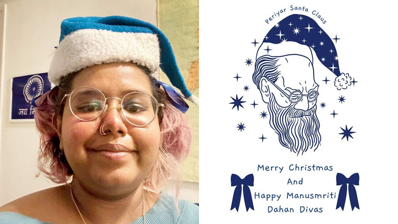 Priyanka dons a blue Santa hat; (right) An anti-caste greeting card designed by her featuring “Periyar Santa”
