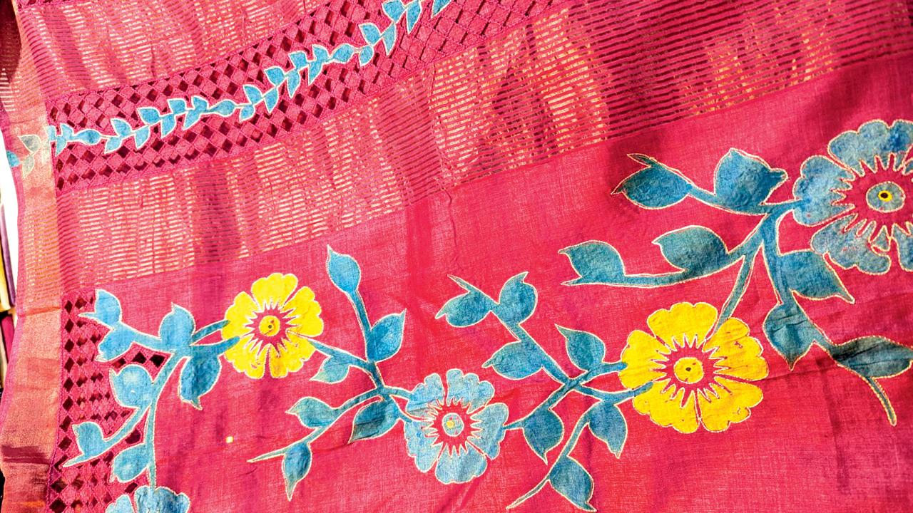 A tussar silk saree on display