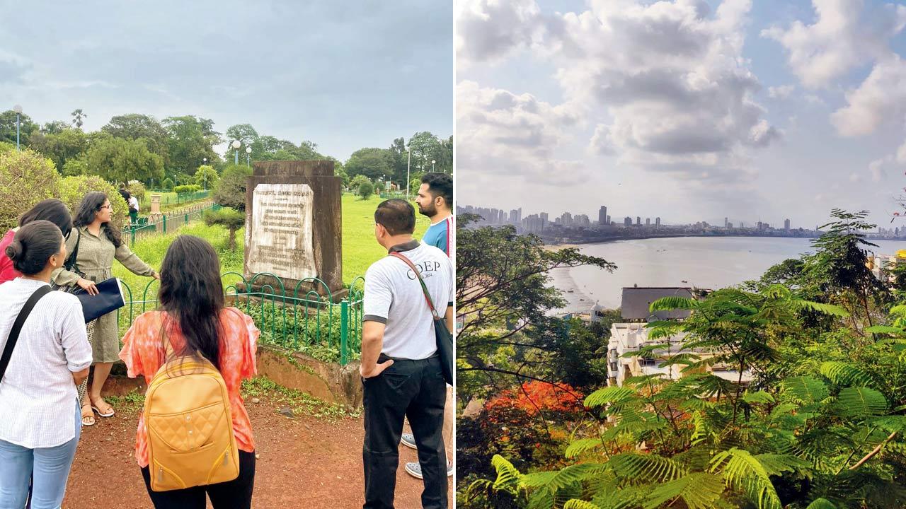 Akanksha Gupta (in green) reads out a Municipal Water Works stone plaque at Hanging Gardens; (right) Kamala Nehru Park offers a view of Cuffe Parade, where the municipal water works terminate