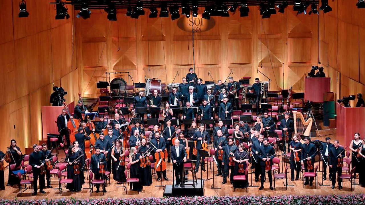Maestro Zubin Mehta (centre) conducts a concert with the Symphony Orchestra of India at the NCPA