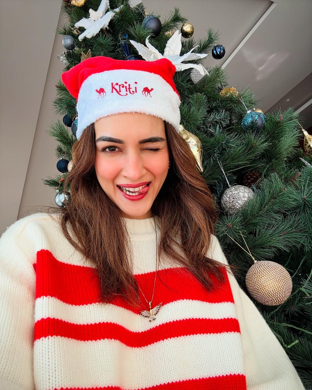 Kriti Sanon looked super cute as she clicked a selfie in front of a decorated Christmas tree