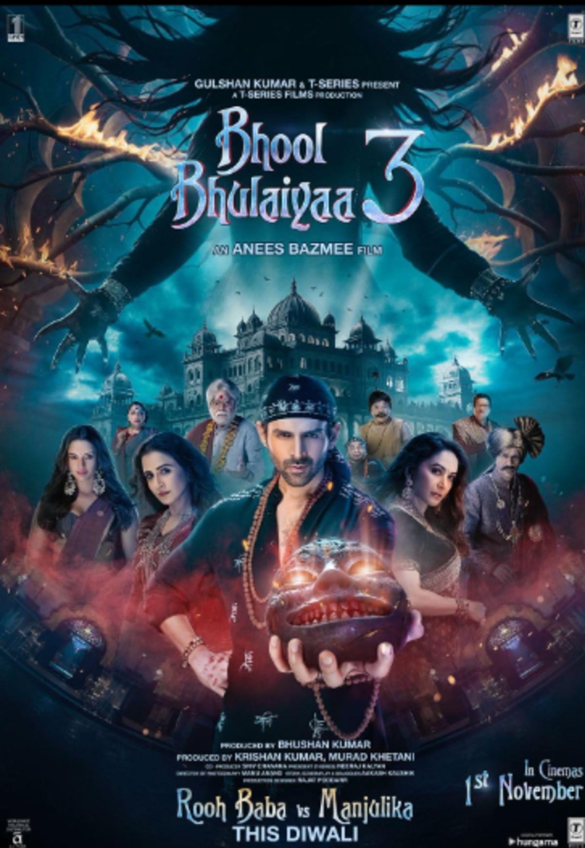 Bhool Bhulaiyaa 3, the third installment of the superhit Bhool Bhulaiyaa franchise directed by Anees Bazmee, stars Kartik Aaryan, Vidya Balan, Madhuri Dixit, Triptii Dimri and Rajpal Yadav in main roles. It follows Rooh Baba to Kolkata where two spooky and vindictive ghosts have possessed an estate claiming to be the real Manjulika. What follows is a tale of comedy, chaos and horror. 