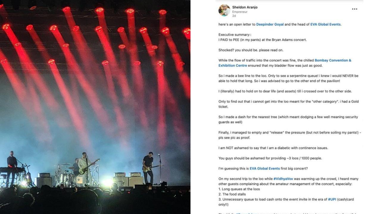 Man who peed his pants at Bryan Adams Mumbai concert writes letter to Zomato CEO, calls it a cry for help