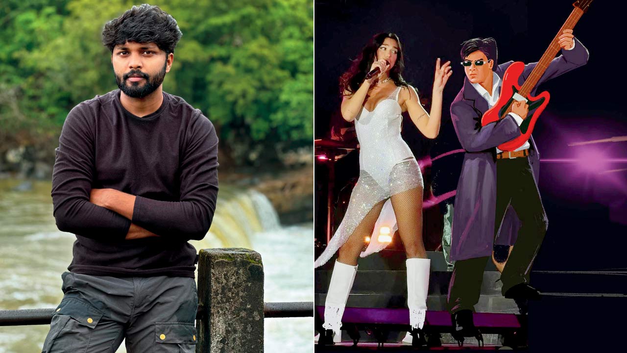 DJ Ruchir Kulkarni; (right) The sketch reimagines the viral moment with an illustration of Shahrukh Khan 