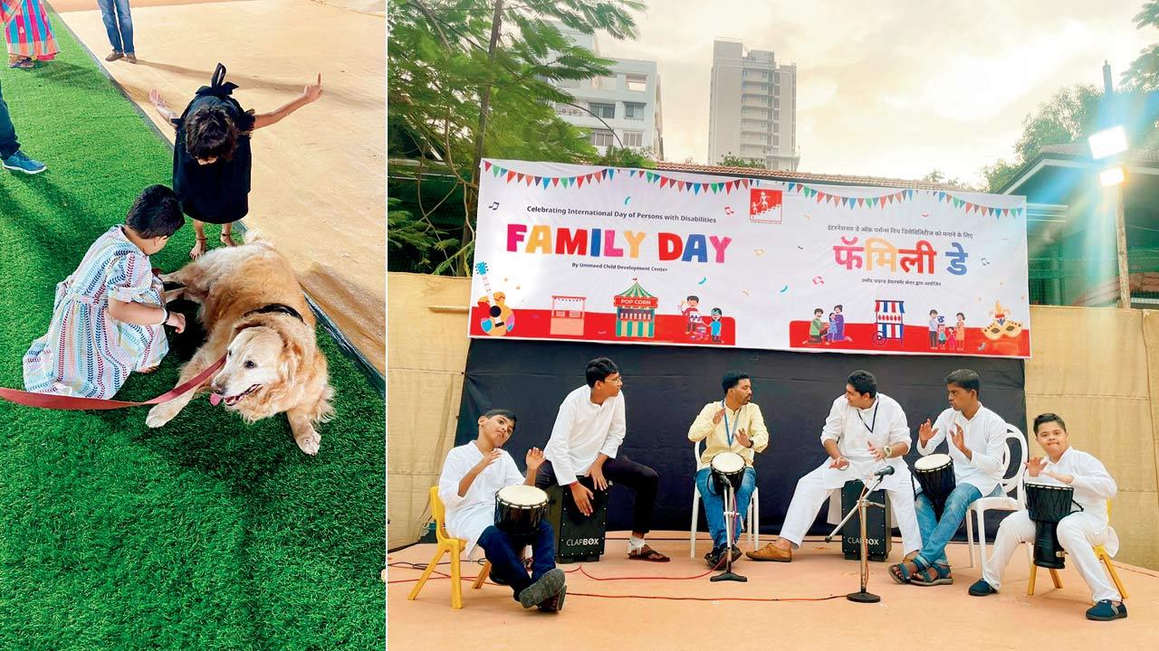 Kids play with a therapy dog at the event; children perform a song on stage