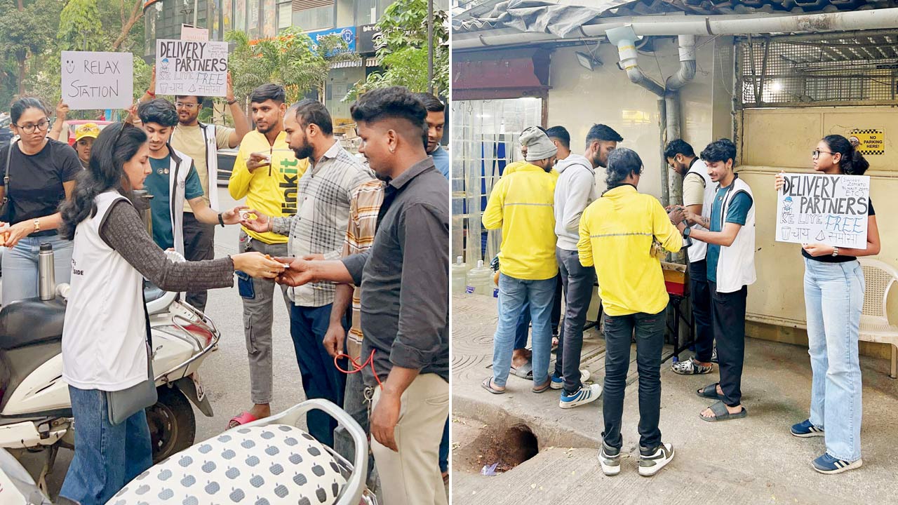 The group distributes tea and snacks to the delivery partners 