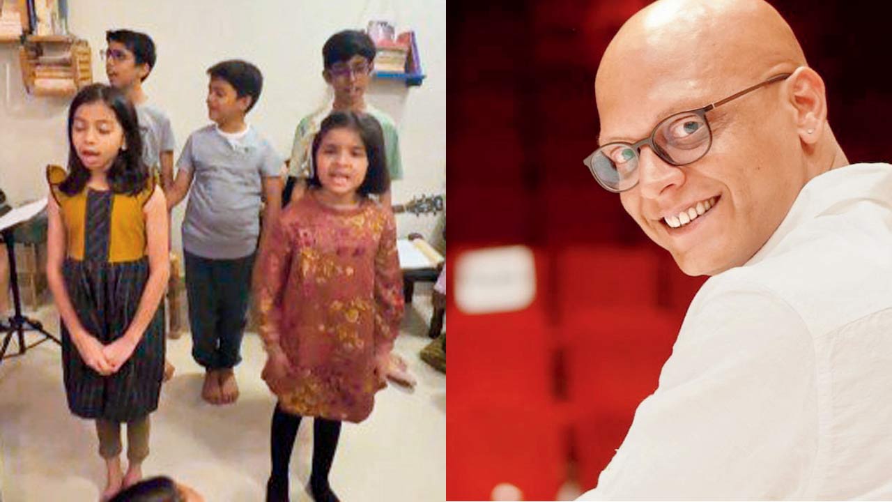 The children rehearse ahead of the performance; (right) Shridhar Nagraj 