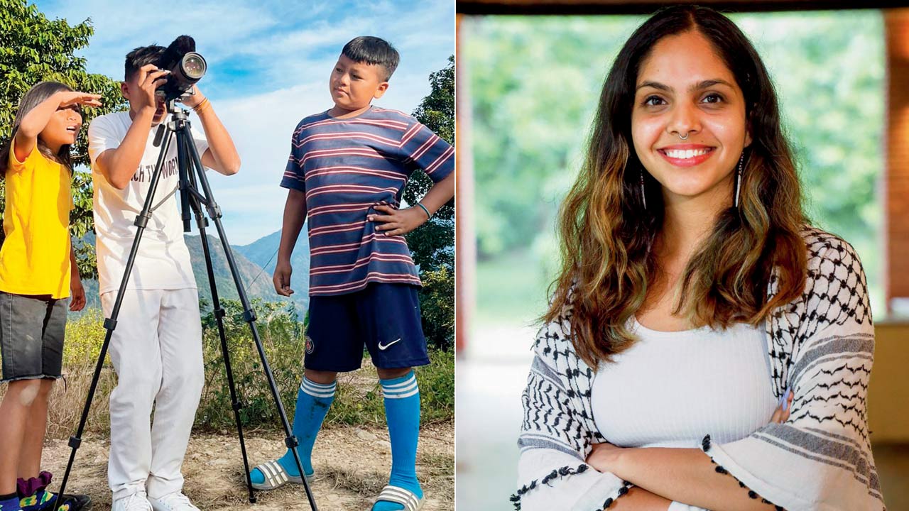 Children operate a professional camera as part of the filmmaking bootcamp; (right) Nandini Kochar 