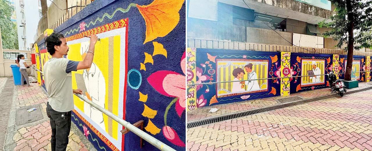 A participant paints a section of the wall in Khar during a community session; (right) the beautified wall