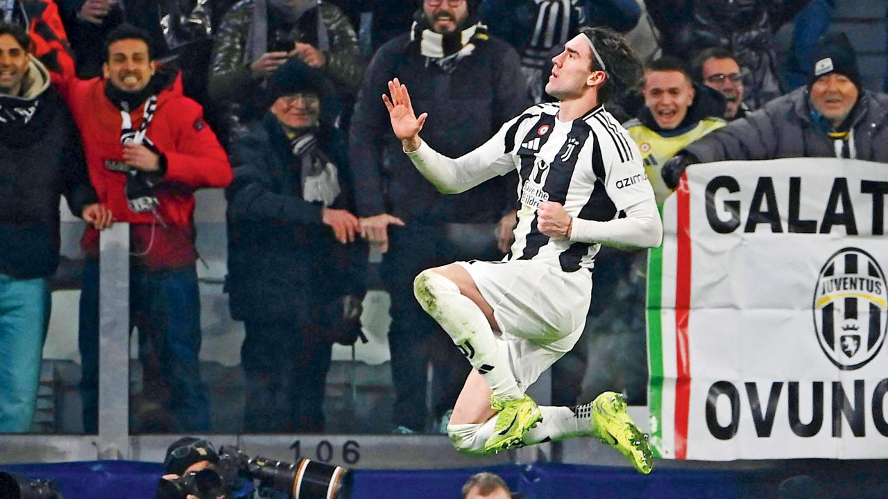 Juventus’ Dusan Vlahovic celebrates his goal against Man City on Wednesday. Pic/AFP