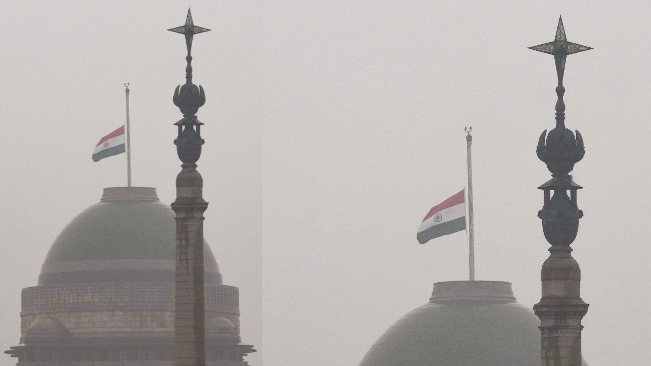 Indian flag flies at half-mast at the Rashtrapati Bhavan during the seven-day state mourning following the demise of former prime minister Manmohan Singh in New Delhi on Friday. (Pic/PTI)