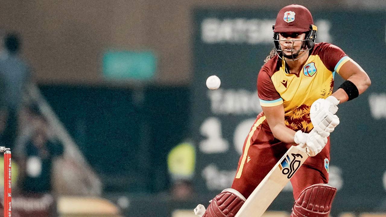 WI’s Hayley Matthews during her 85 not out against India in Navi Mumbai on Tuesday. Pic/PTI
