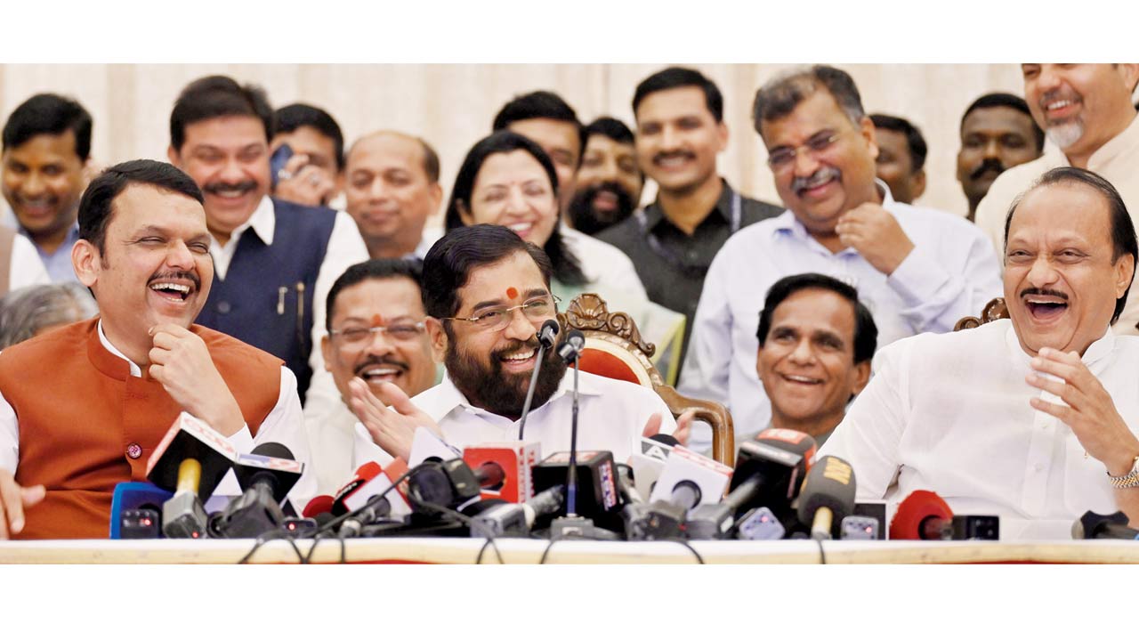 (From left) Devendra Fadnavis, the chief minister-elect; Shiv Sena chief and caretaker CM Eknath Shinde; and NCP chief Ajit Pawar during a press conference at Raj Bhawan on Wednesday