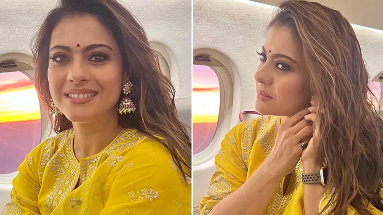 Kajol twins with sunset as she poses for striking pictures during her flight