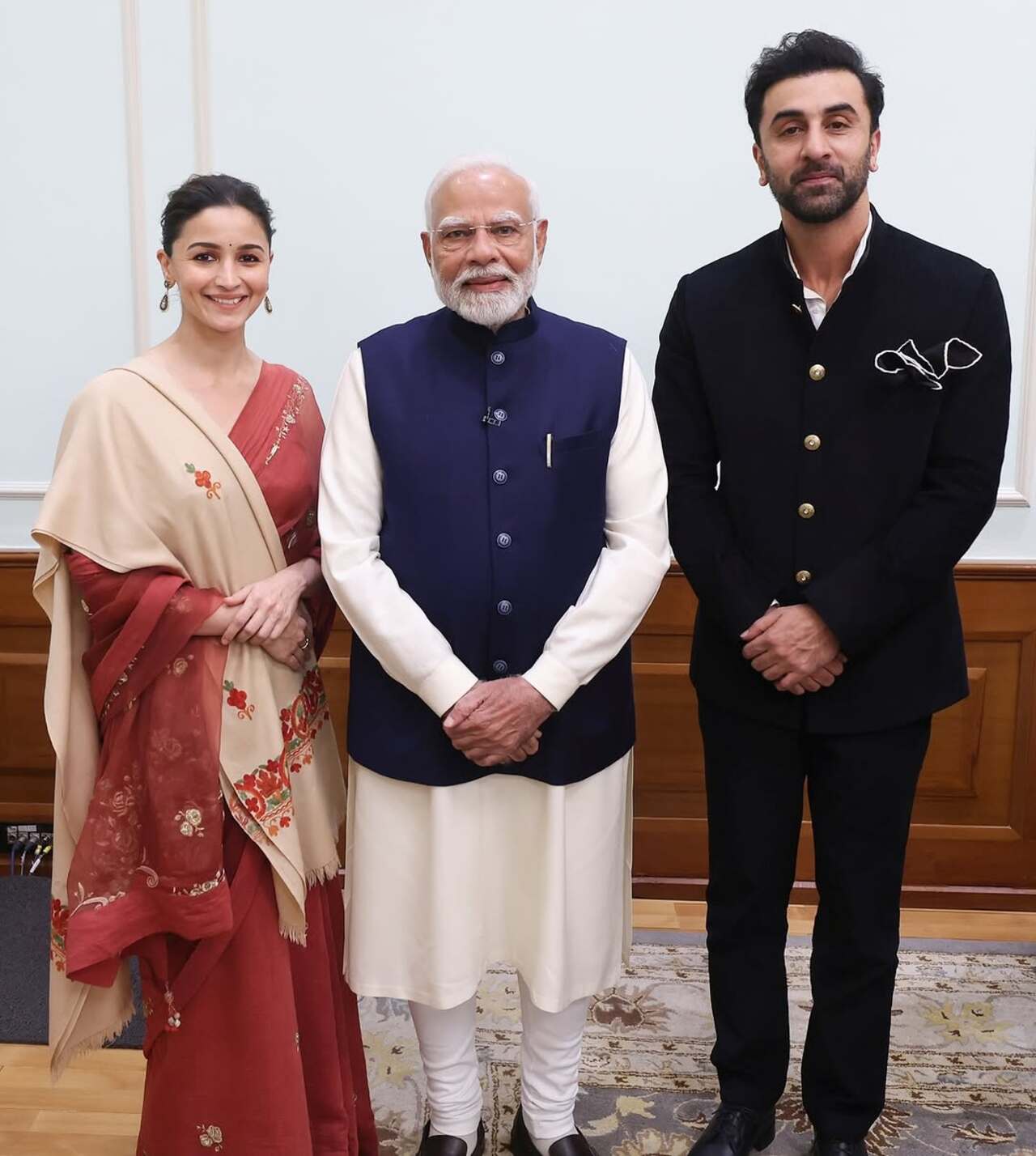 Ranbir Kapoor and his better-half Alia Bhatt pose with the Prime Minister
