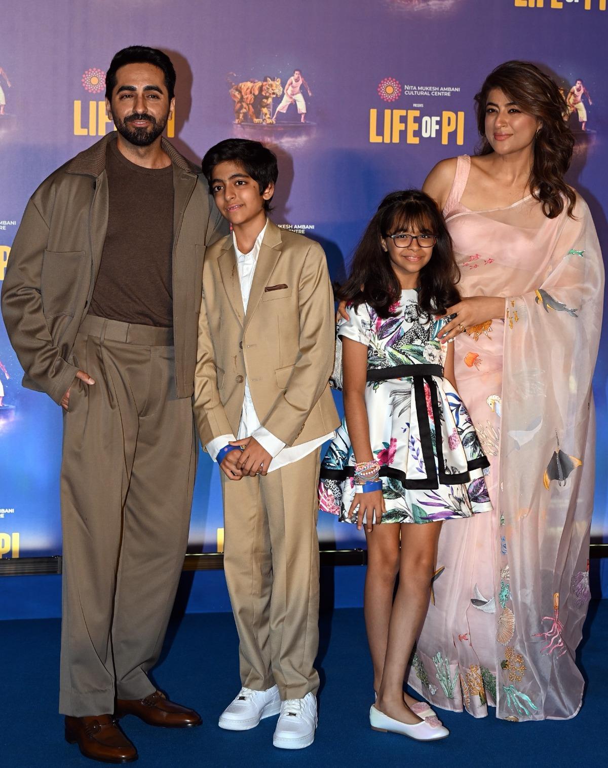 Ayushmann Khurrana was papped with his wife Tahira Kashyap and children Virajveer and Varushka at the grand premiere of the musical Life of Pi at NMACC, Mumbai.