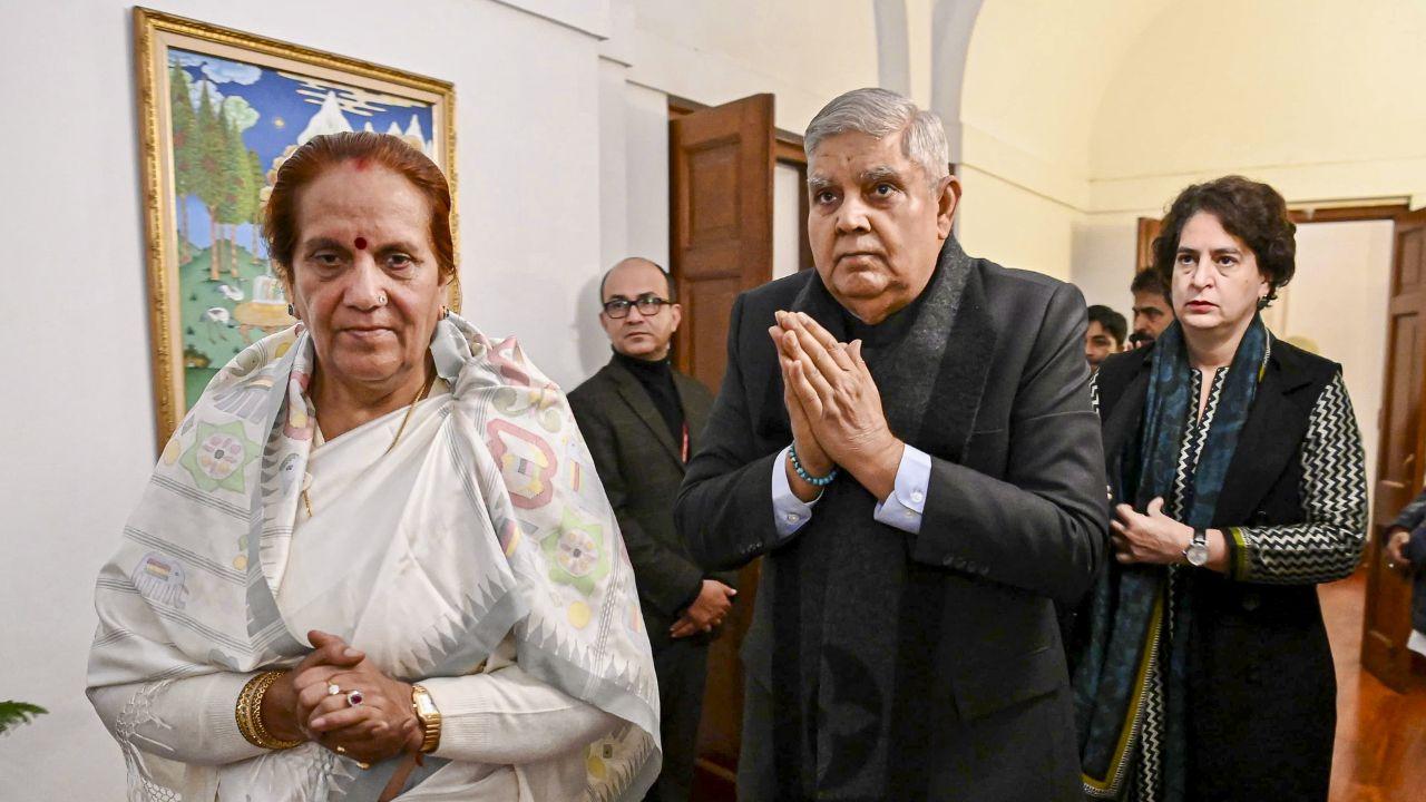 Vice President Jagdeep Dhankhar with his wife Sudesh Dhankhar arrives to pay his last respects to former prime minister Manmohan Singh at Singh's New Delhi residence