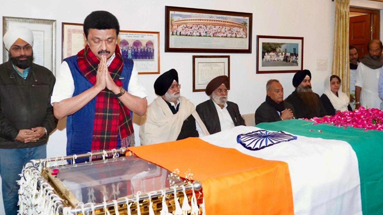 Tamil Nadu chief minister MK Stalin at Manmohan Singh's New Delhi residence to pay his last respects. (Pic/X)