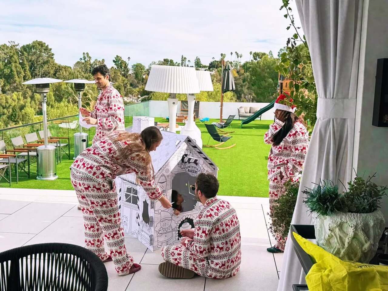 The guests and hosts were all seen in matching pajamas for the party