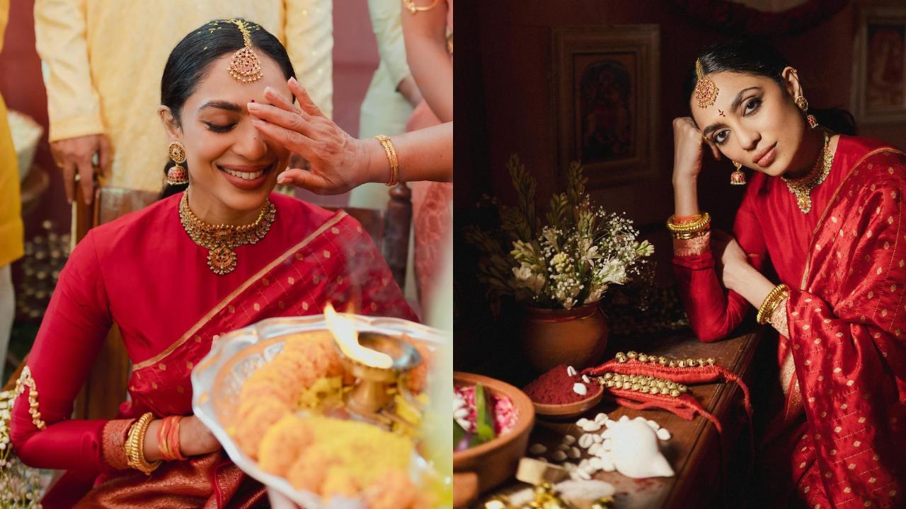 SoChay wedding: Bride-to-be Sobhita Dhulipala glows in red saree for Pelli Kuthru, see pics