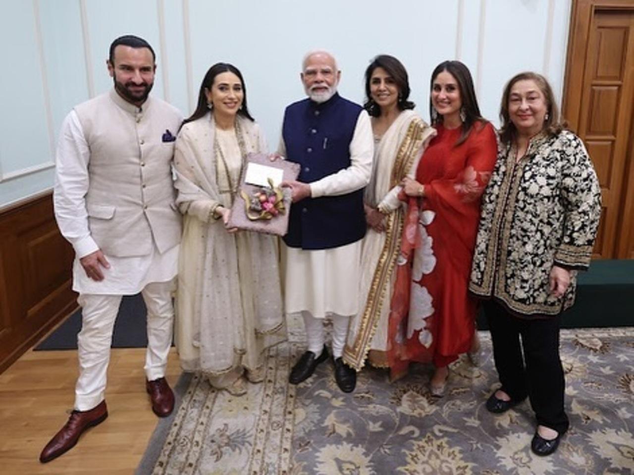 The entire Kapoor family, including Ranbir Kapoor, Alia Bhatt, Neetu Singh, Riddhima Kapoor Sahni, Aadar Jain, Kareena Kapoor Khan, Saif Ali Khan, Karisma Kapoor, Aarman Jain and his wife Anissa Malhotra, and a few others, met Prime Minister Modi to invite him for the Raj Kapoor Film Festival to honour the 100th birth anniversary of Raj Kapoor