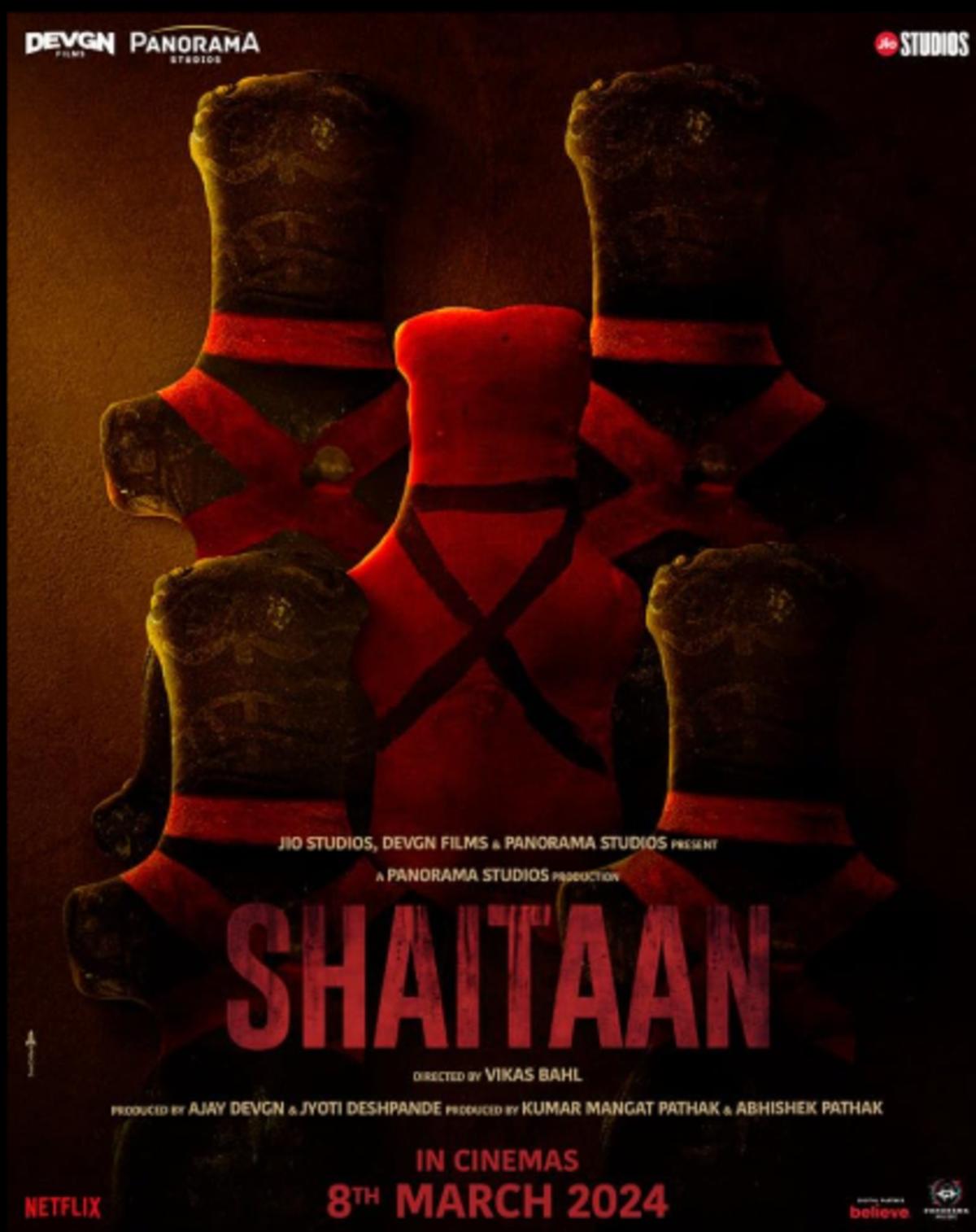 Shaitaan is a horror-drama film that narrates the story of a family whose life turns upside down after their teenage daughter falls under the spell of black magic cast by an intruder. The intruder asks the family to commit sinister tasks to free the girl from his spell and what unfolds next is chaos, scary spells, and a lot of suspense with drama. The movie is directed by Vikas Bahl and stars Ajay Devgn, R. Madhavan, Jyothika, and Janki Bodiwala in lead roles. 