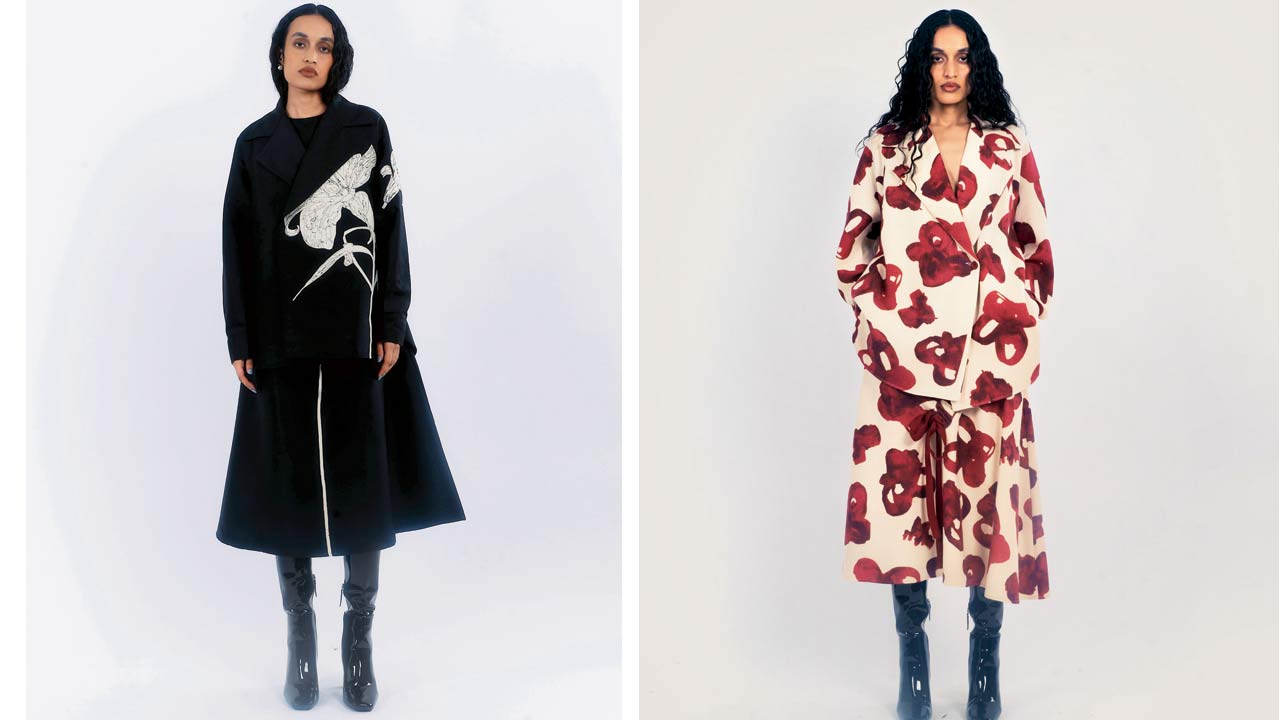 Graphic patterns collide with men’s tailoring in Lovebirds’ minimalistic reimagining of the classic floral motif. (Left) A double-breasted taffeta jacket with drop-shoulder sleeves and embroidered lily patchwork; (right) a digital print double-breasted blazer, blending narrow, boxy tailoring and artistic florals 