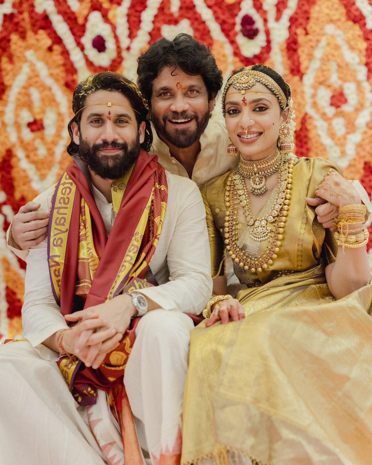 Meanwhile, Sobhita radiated grace in a stunning Kanjivaram silk saree adorned with real gold zari, beautifully paying homage to her cultural heritage. 