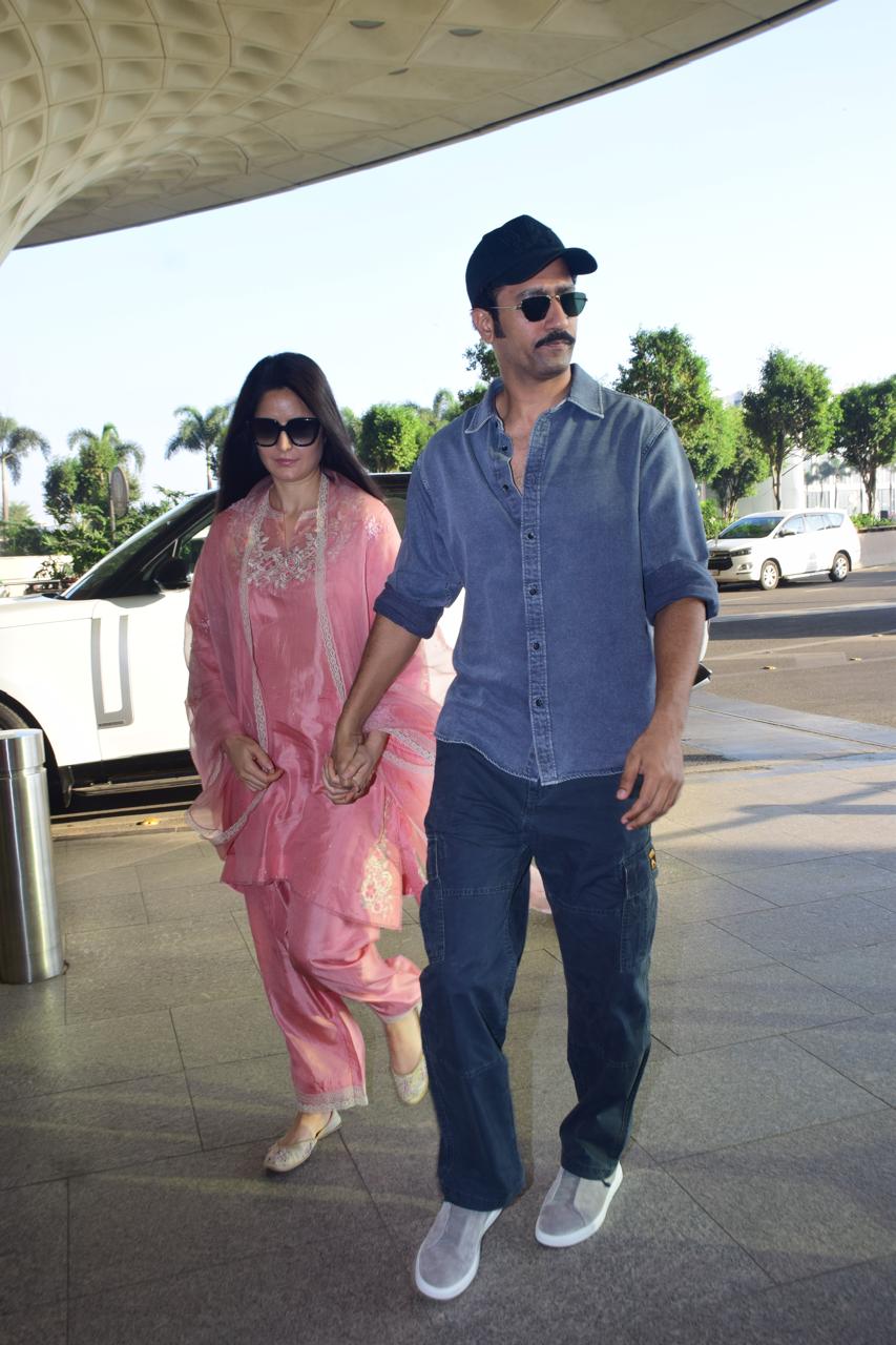 Vicky Kaushal and Katrina Kaif were snapped at Mumbai airport. The couple jetted off from the city to celebrate their wedding anniversary
