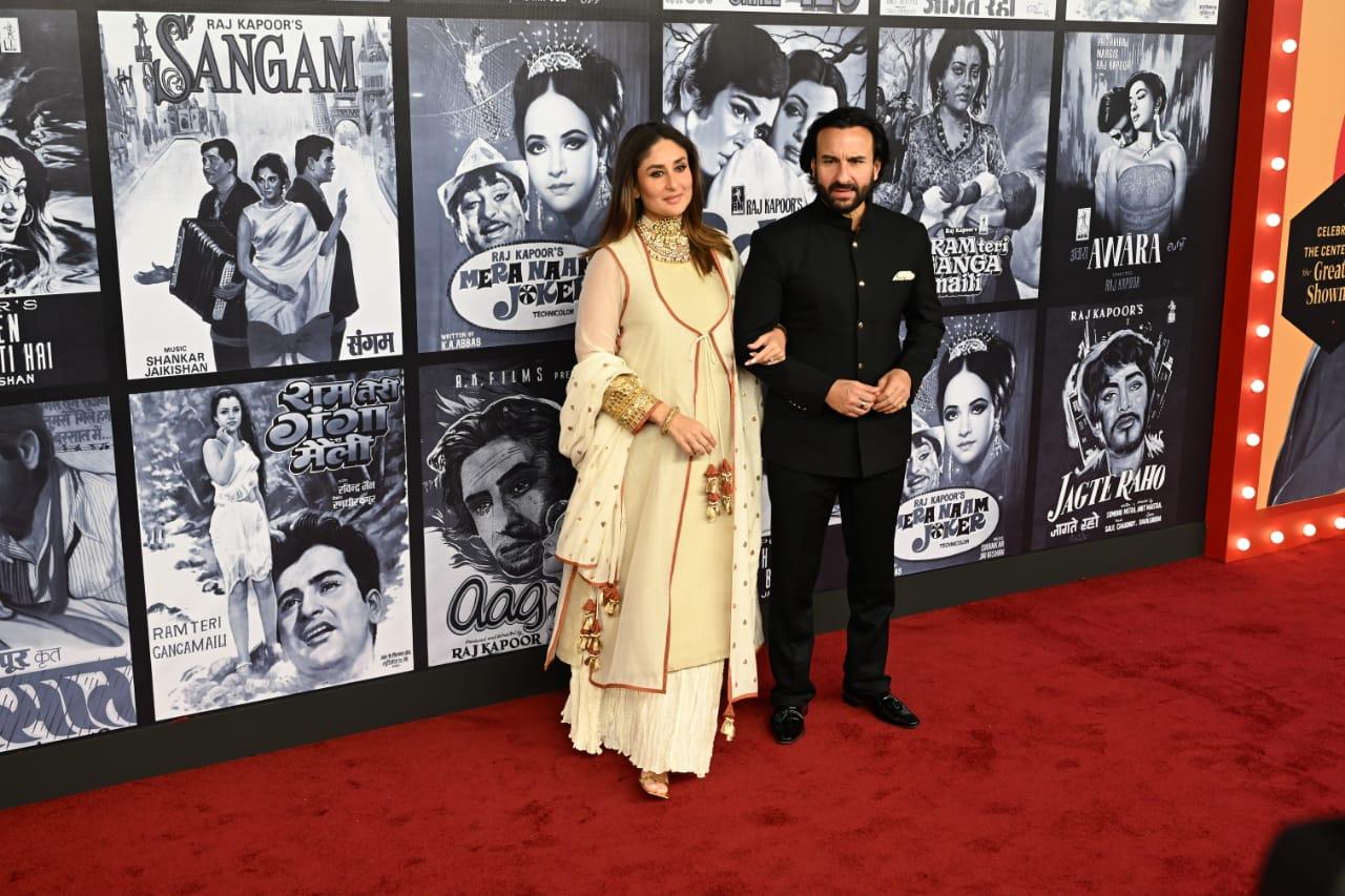 Kareena Kapoor stunned in a beautifully decorated white suit, while Saif stole hearts in a black tux. Pic/Satej Shinde