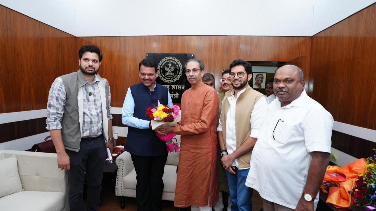 Uddhav Thackeray was accompanied by Shiv Sena (UBT) legislators Aaditya Thackeray, Anil Parab and Varun Sardesai during the meeting with CM Fadnavis. Pics/CMO and Shiv Sena (UBT)/X