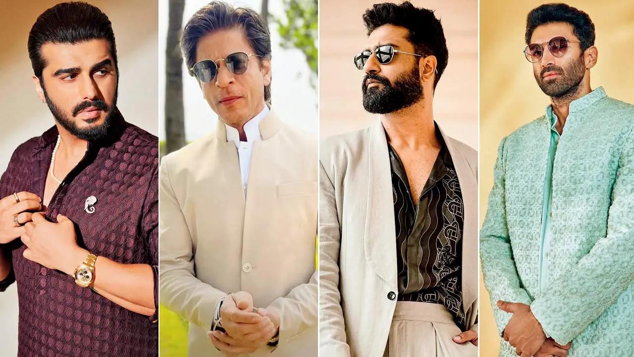 The deep plum kurta like Arjun Kapoor’s can be perfect evening attire; Shah Rukh Khan sports a beige bandhgala; Vicky Kaushal in a grey tailored suit; Aditya Roy Kapur aces the look with a tone-on-tone embroidered piece
