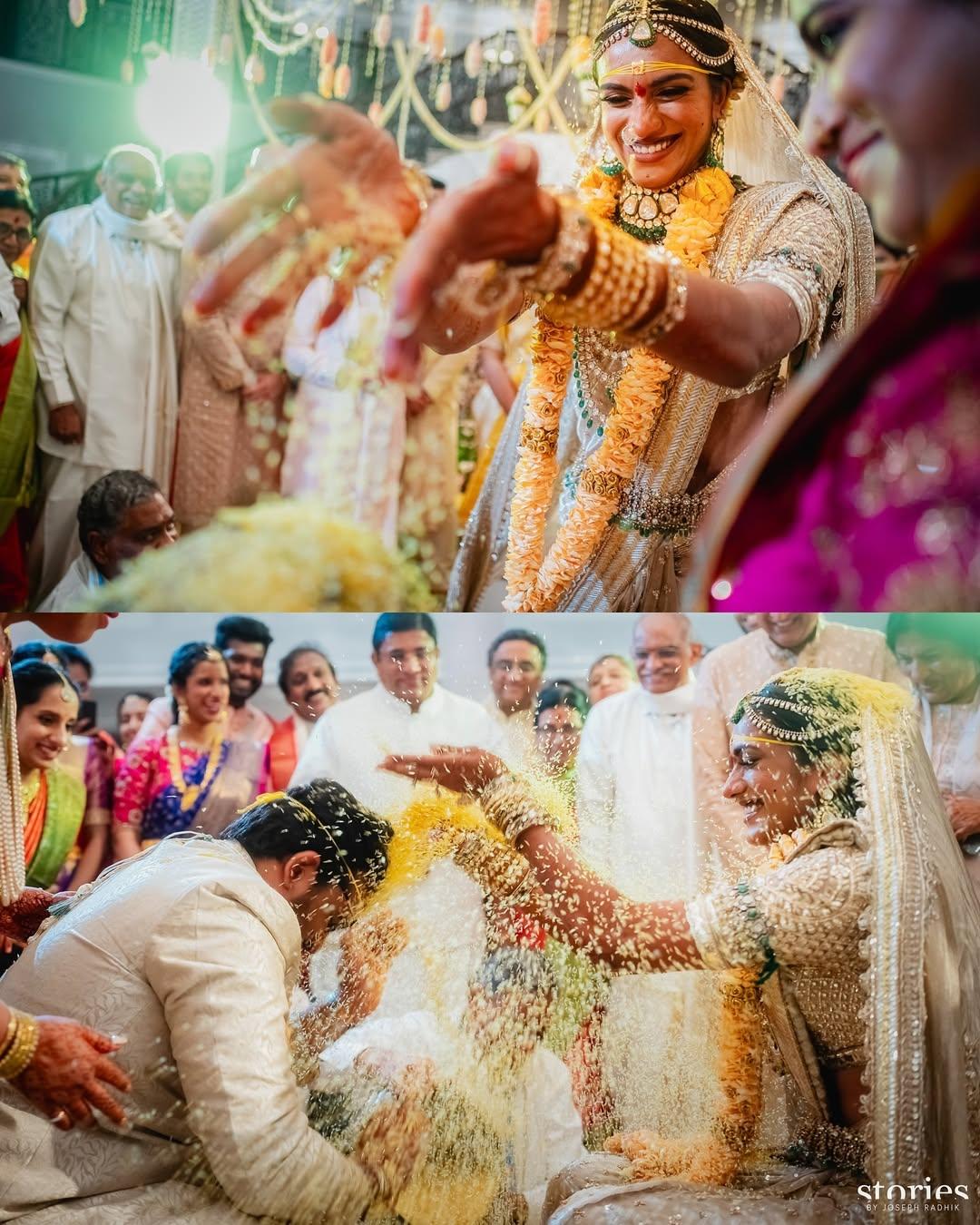 This pic in the series shows Sindhu throwing puffed rice on her husband as part of a ritual. In all the pictures, their smiles prove how happy they are