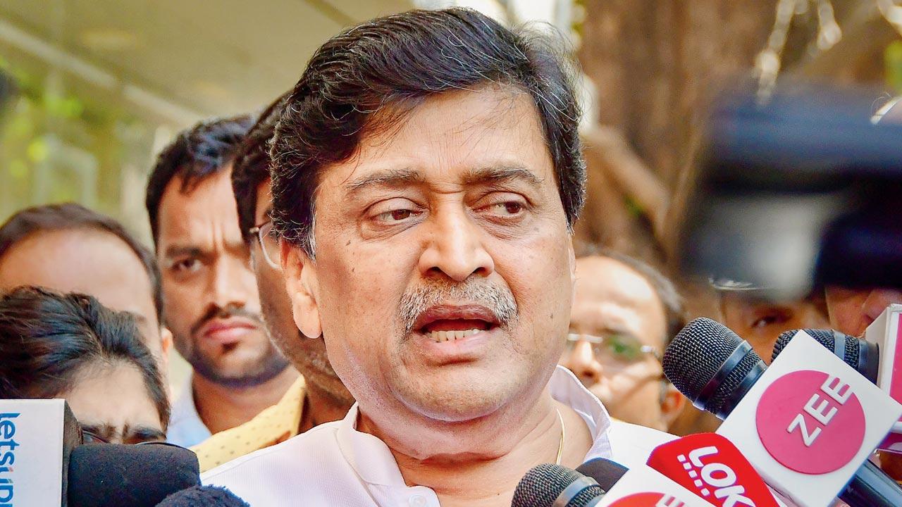 Former Congress leader Ashok Chavan addresses the media outside his residence. Pic/PTI