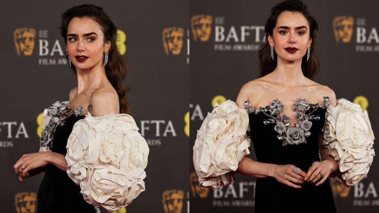 Lilly Collins radiated royalty wearing the black velvet gown by Tamara Ralph. The gown’s silver rose work and the white silk taffeta sleeves resembled a bouquet of fresh roses. 