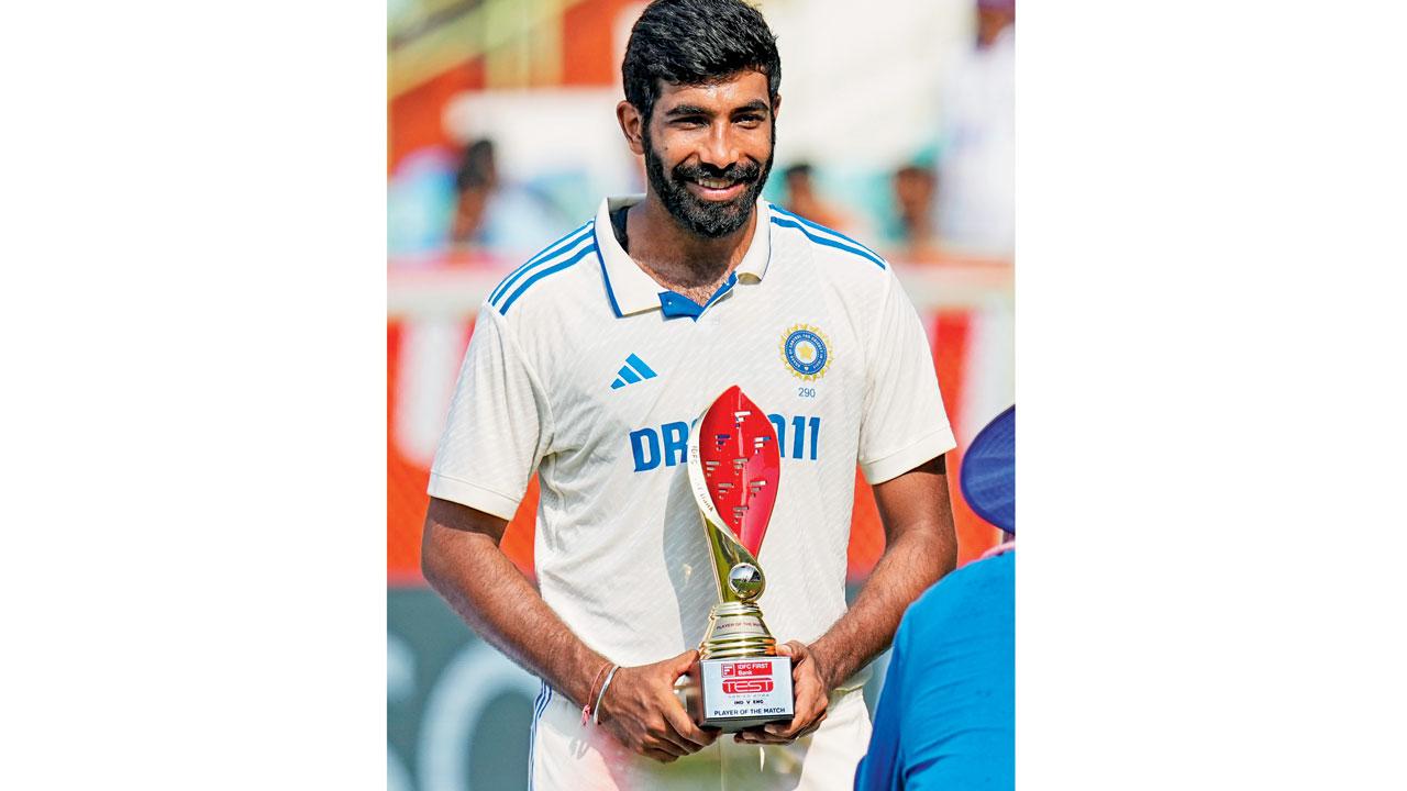 India pacer Jasprit Bumrah with his Player of the Match trophy in Visakhapatnam yesterday