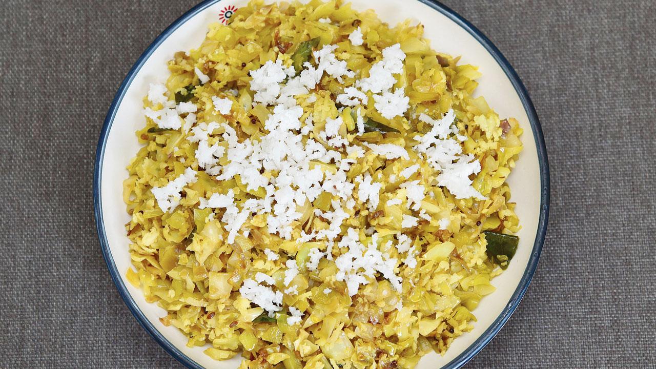 Cabbage thoran with freshly grated coconut, tempered with curry leaves. Pics/Nimesh Dave