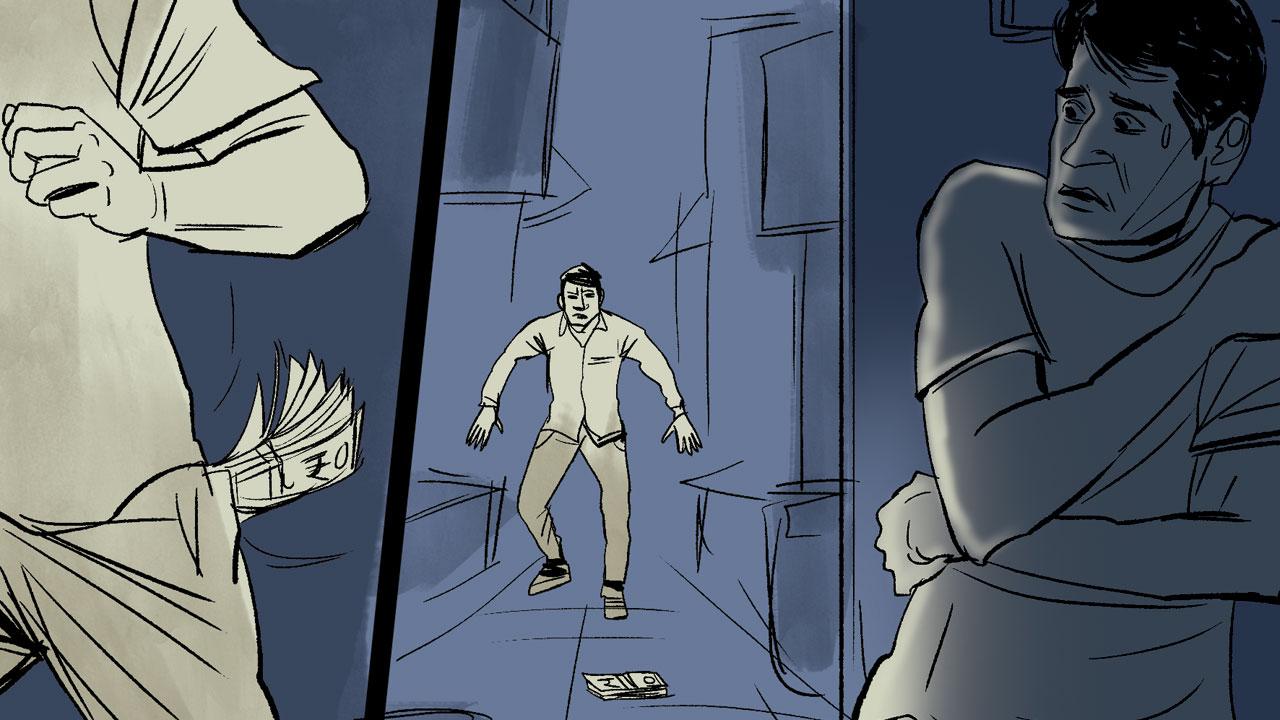 A wad of notes falls from Sonu’s pocket. As Gupta bends to picket up, the thief hides in a narrow lane