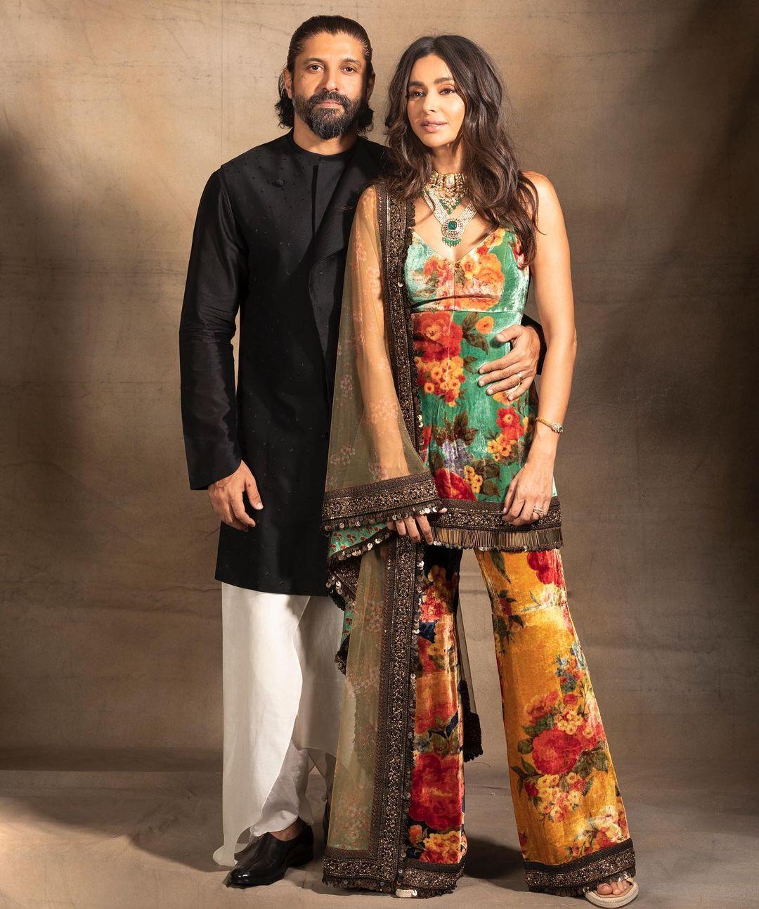  Shibani wore a stunning printed kurta set paired with matching palazzo pants and a sheer dupatta. Farhan complemented her in a classic black kurta pyjama