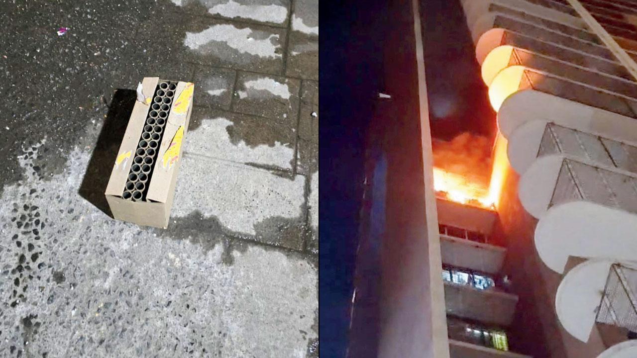 A fireworks box at the scene of the mishap; (Right) flames engulf the eight-storey flat in Tower-28 in Malad East on Sunday eveningPradeep Chaudhary, owner of flat