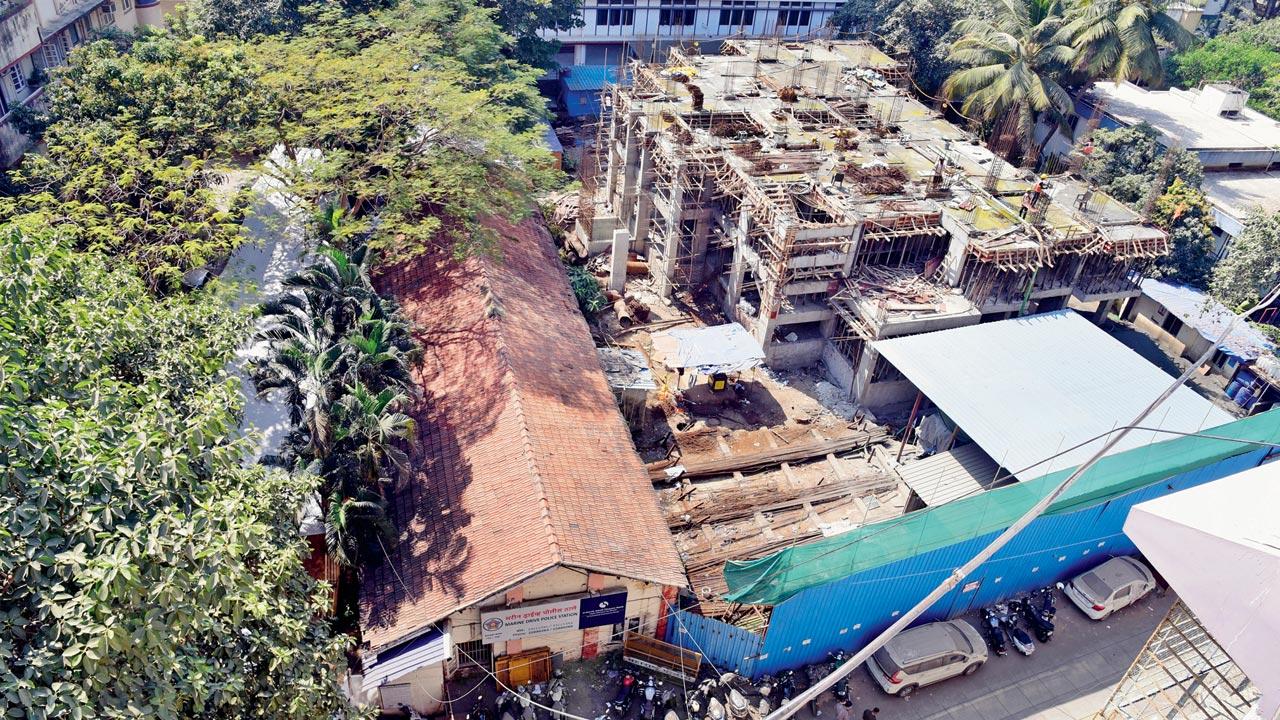An aerial view of the Marine Drive police station and the under-construction building for senior bureaucrats on February 3. Pic/Shadab Khan