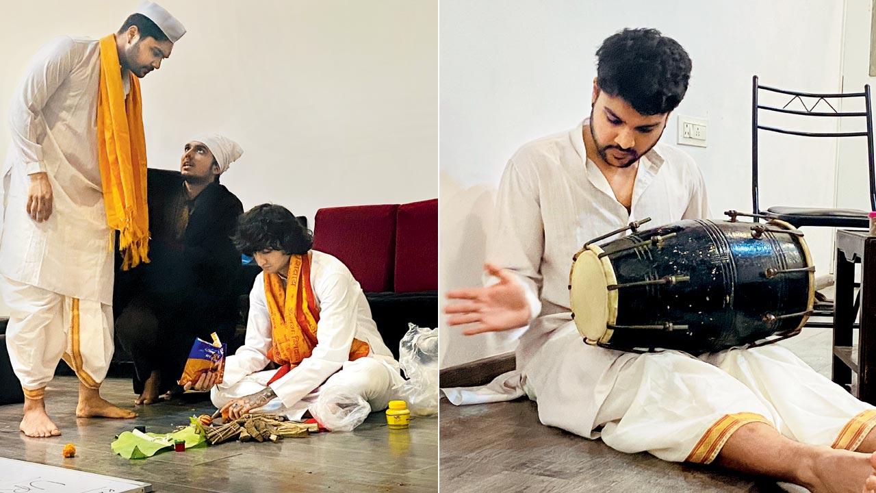 Sakharam, Dawood and Pandit performing the last rites of the Fifth Woman, (right)  Sakharam playing his favourite musical instrument, mridangam