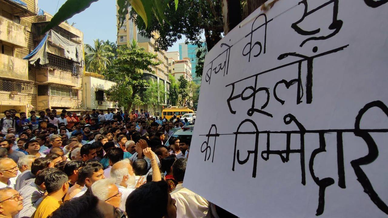 Parents and locals staged protest on Monday morning outside a preschool in Mumbai's Kandivali following a sexual assault case. Reported by Shirish Vaktania :: Pics/ Nimesh Dave