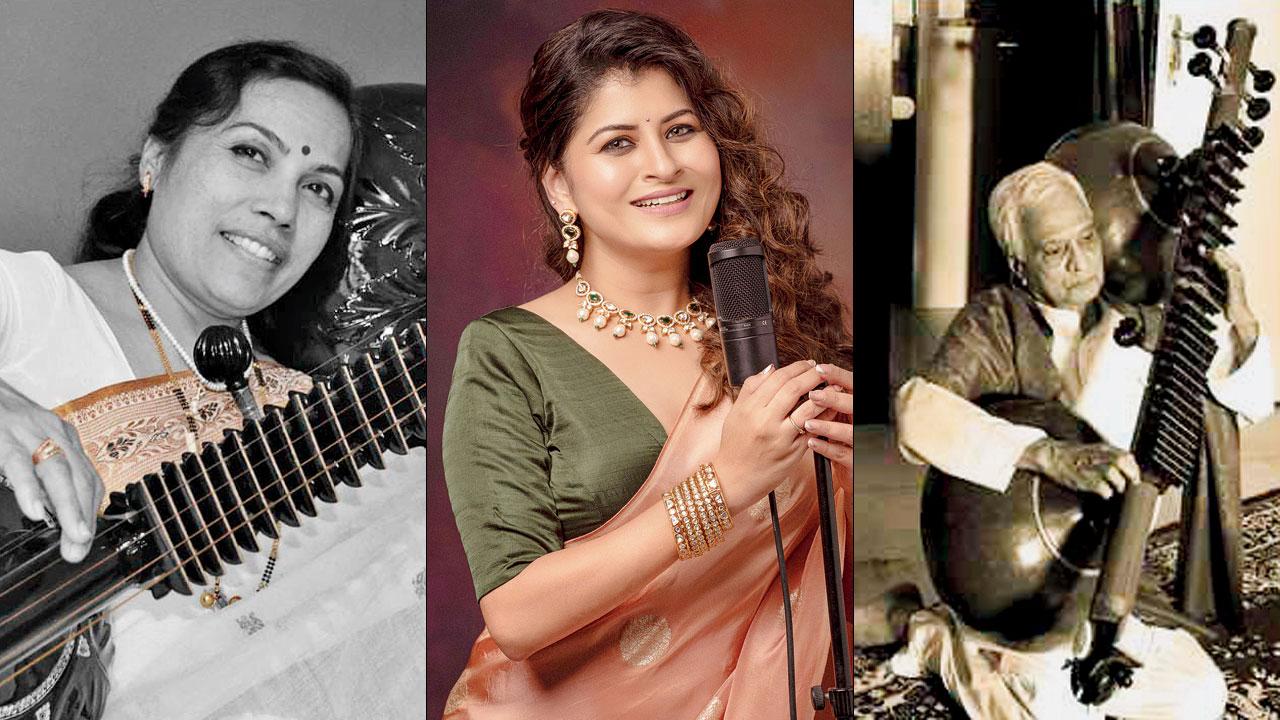 (right) Late Pandit Pandharinath Kolhapure plays rudra veena; (below, from left) Vidushi Jyoti Hegde and Savaniee Ravindrra