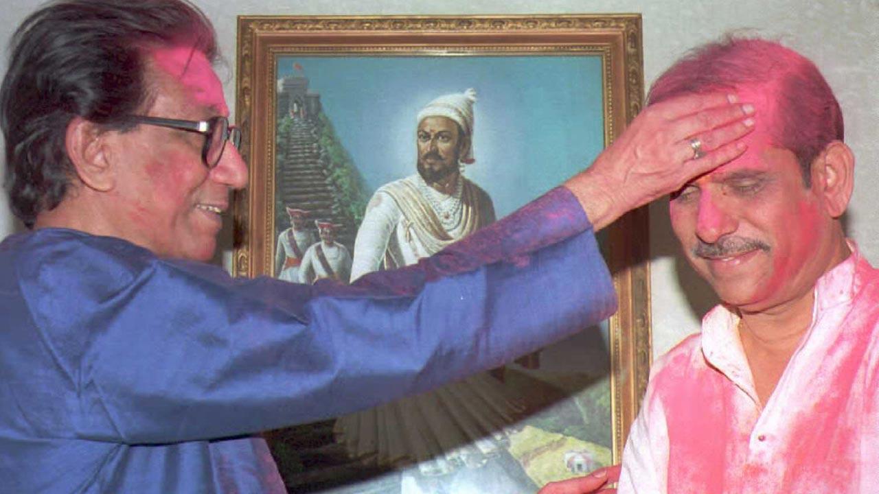 Former Shiv Sena chief, the late Bal Thackeray, applies Holi colour on the late Manohar Joshi during a celebration at his residence. Pic/Getty Images 