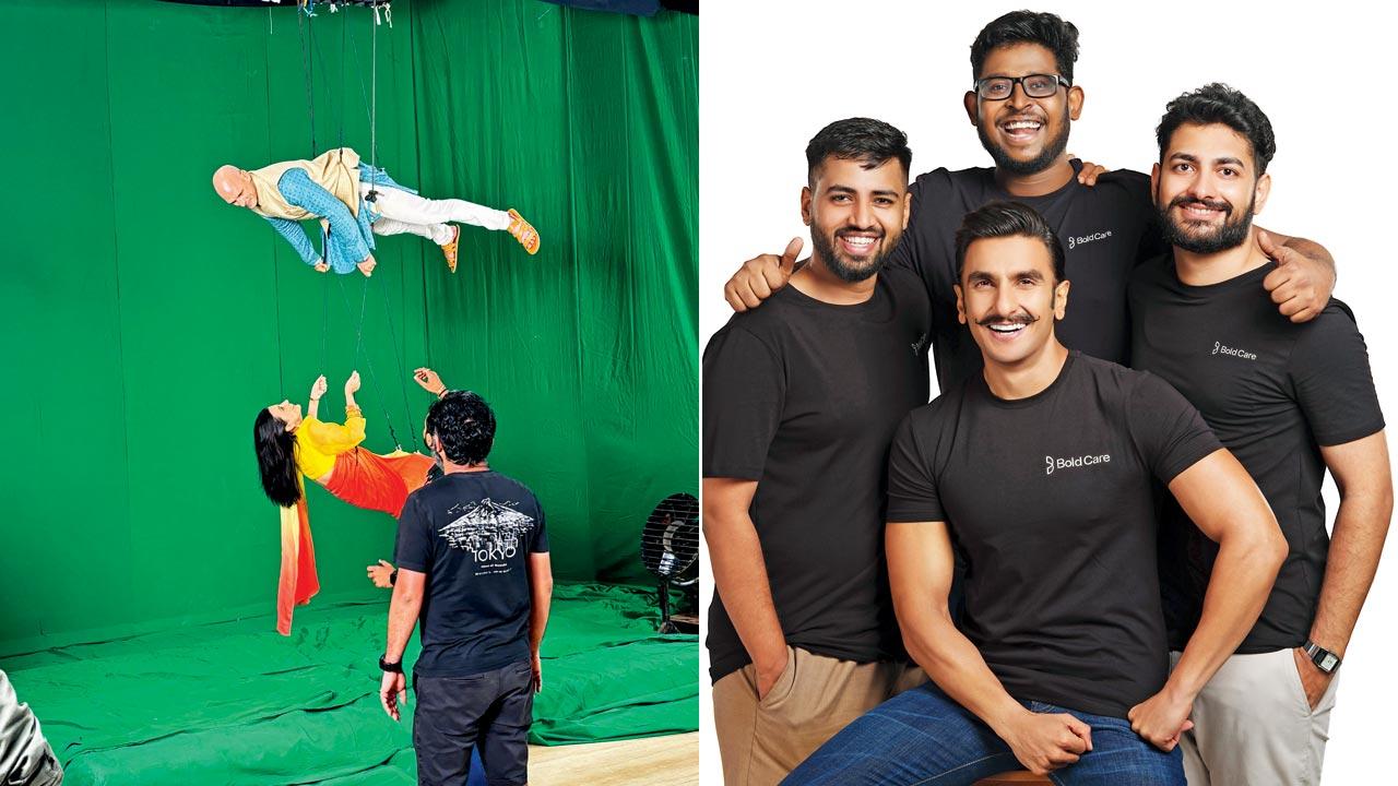 Casting American adult film star Johnny Sins was easier than keeping his involvement under wraps, Bold Care’s co-founder says; (right) Actor Ranveer Singh officially became part of Bold Care last year. The start up was founded by (from left) Rajat Jadhav, Rahul Krishnan and Mohit Yadav in 2019
