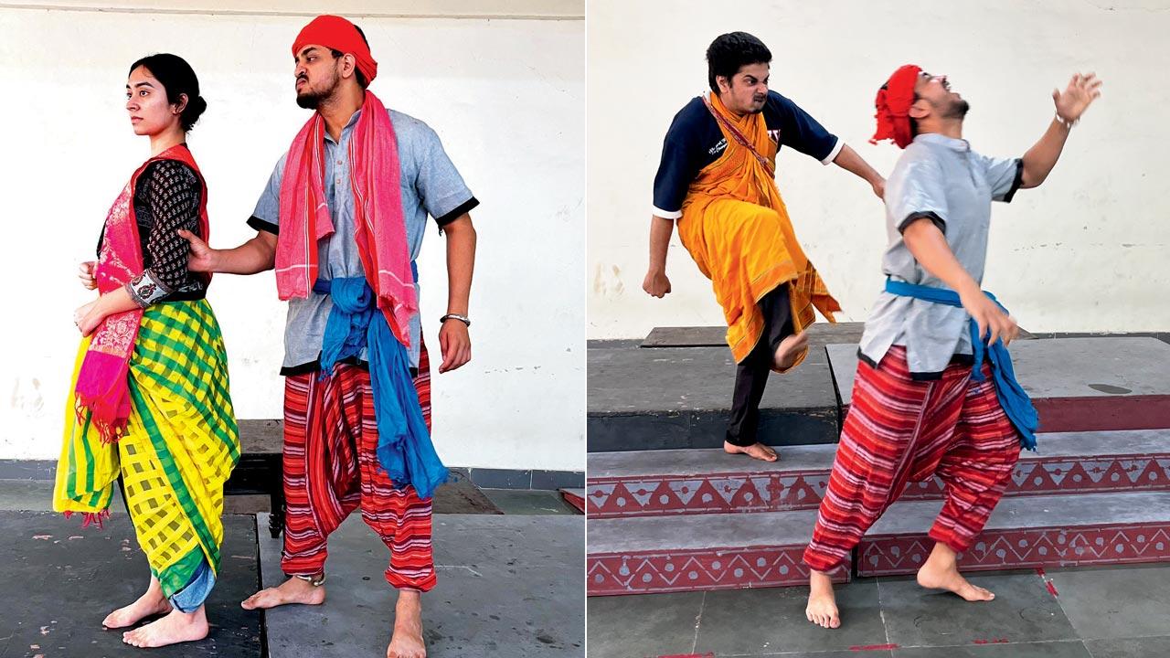 Ujwal Tathe as Charandas in a scene with (left) Rani; (right) Actors rehearse a scene 