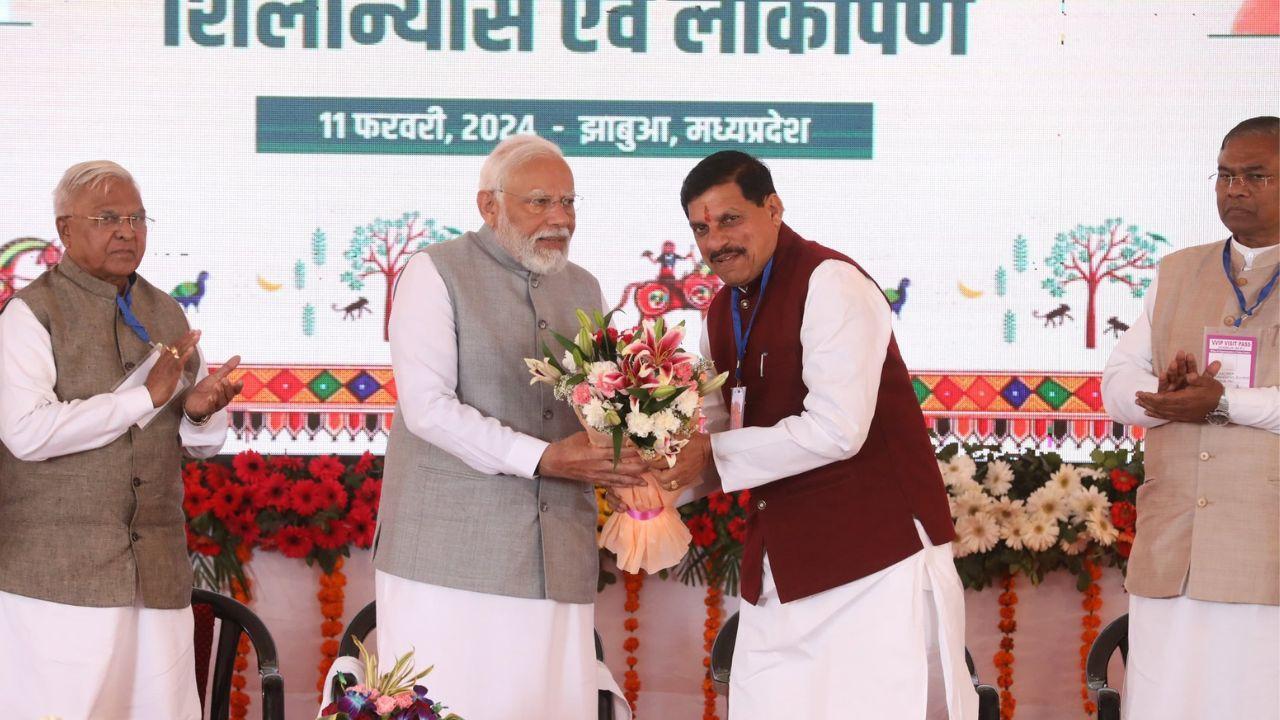 Prime Minister Modi inaugurates and lays foundation stones for a range of developmental projects totalling Rs 7,500 crore in Madhya Pradesh's Jhabua.