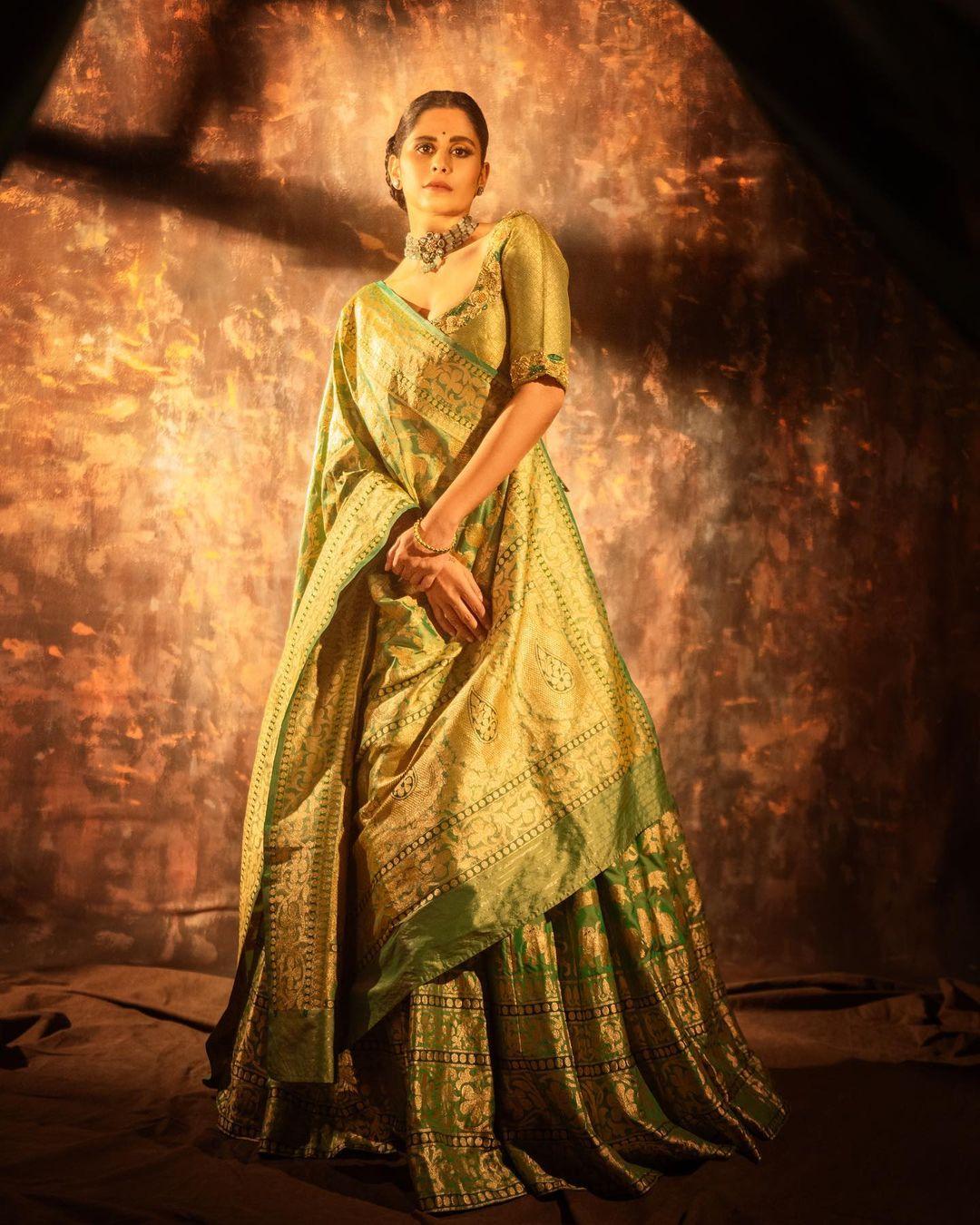 Sai's lehenga choices also hit the mark, exemplified by her appearance in a green and golden embroidered lehenga