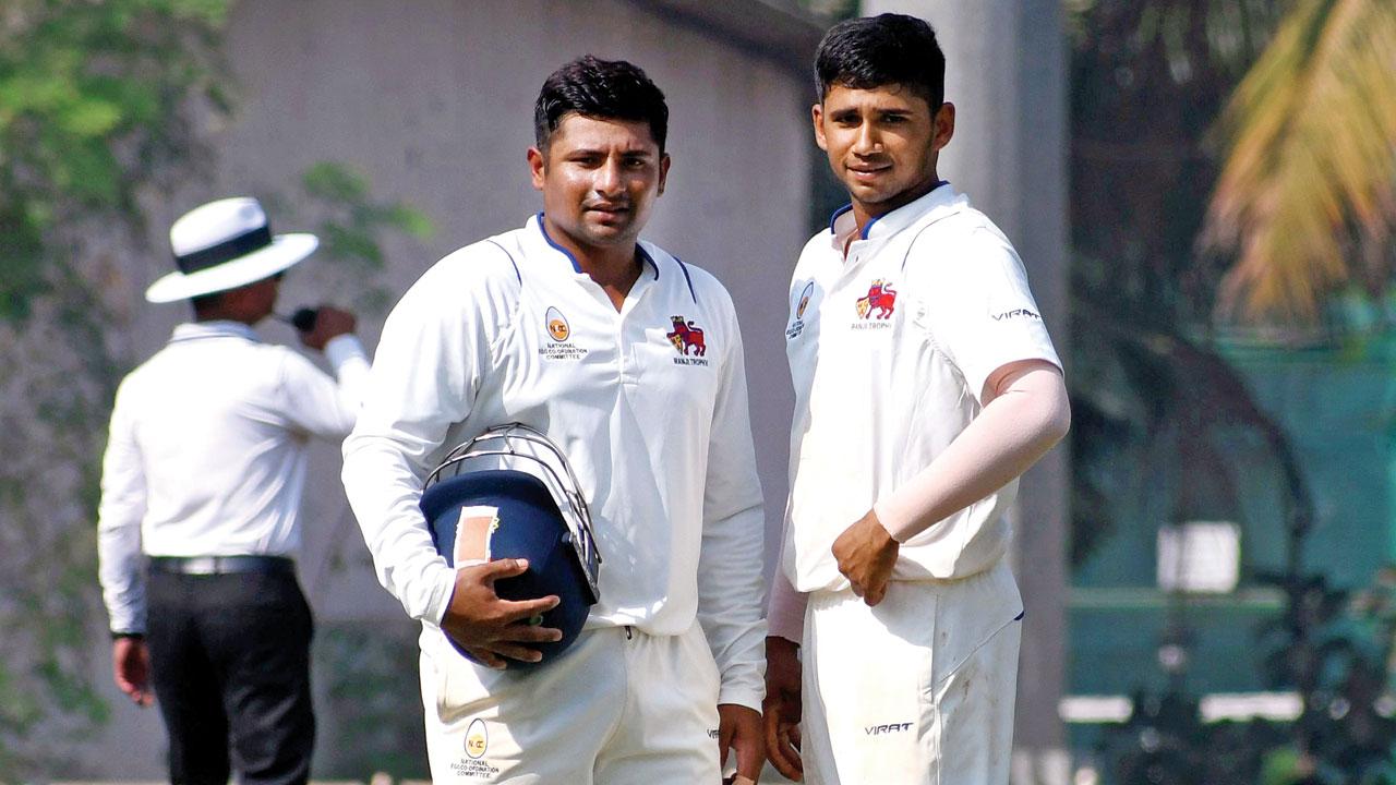 Mumbai’s Sarfaraz (left) and Musheer Khan during last season’s Ranji Trophy match against Saurashtra at the MCA ground. Pic/Mid-day archives